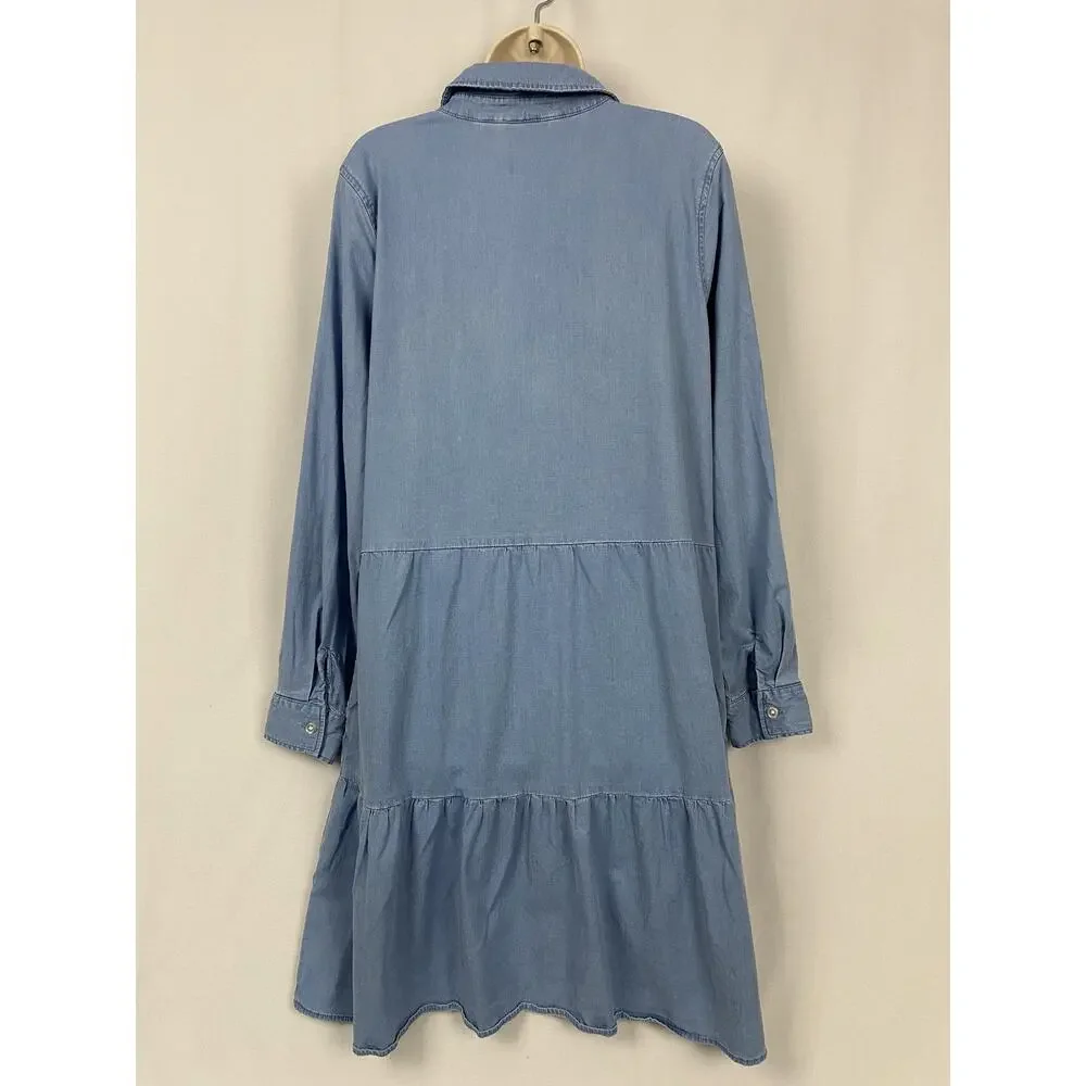Belle BOHO Kim Gravel Chambray Dress Large Blue Denim Tiered Pockets Ruffle - Picture 6 of 13